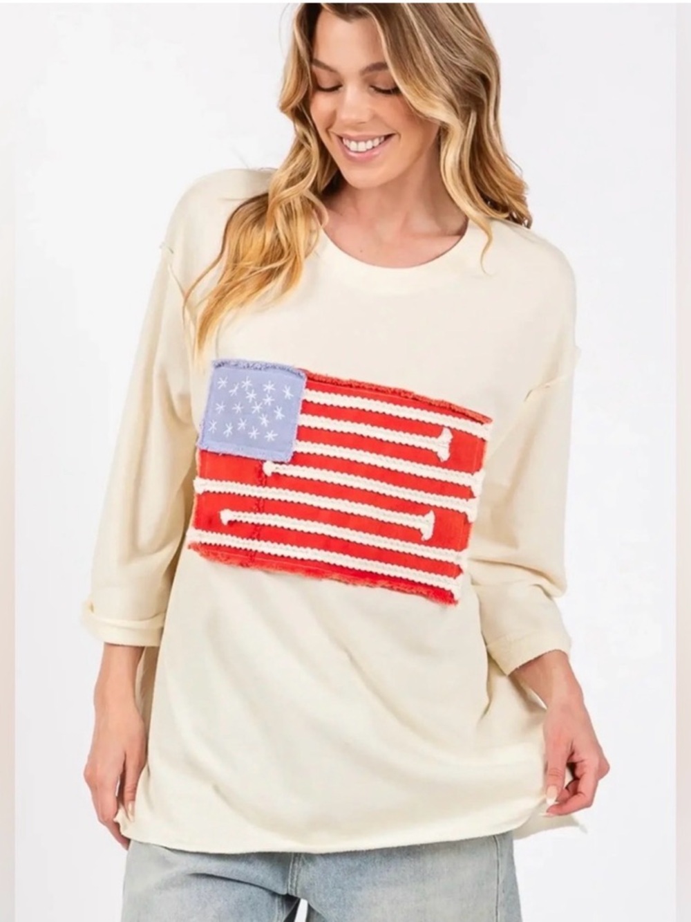 Blue Velvet American Flag Patch Oversized Sweatshirt S Tan